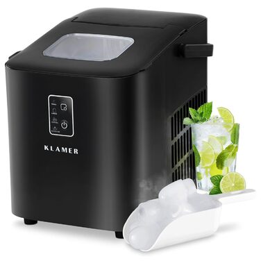 Машина для приготування льоду KLAMER - компактна модель (1L), чорна. Швидкість: 8 кубиків за 8 хвилин, 11 кг на день. 2 розміри кубиків, з лопаткою та ручкою.
