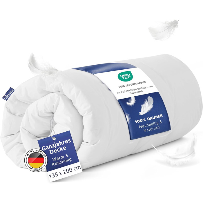 CLEMENS All-Season Duvet Down Duvet 135x200 cm - Box-Quilted Duvet with 100% European Down - 4-Season Duvet Made in Germany, Heat-Regulating All-Season Down Duvet with Öko-Tex Seal All-Year-Round 135 x 200 cm