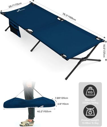 Розкладне ліжко Sportneer для кемпінгу та відпочинку на природі (199x73 см, блакитне)