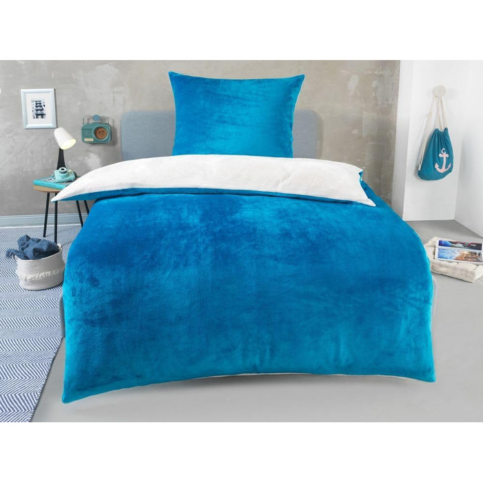 DreamHome Зимова двостороння плюшева постільна білизна 135x200 Nicky-Teddy Cashmere Touch Coral Fleece ковдра + наволочка 80x80, колір: (Petrol-cremeweiß)