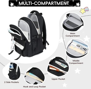 Шкільний рюкзак Tanou для підлітків, рюкзак для школи, великий шкільний ранець для дівчаток 4-12 класів, водонепроникний, зручний денний рюкзак для початкової, середньої та вищої школи (Чорний)