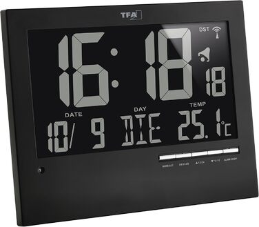 TFA Dostmann Digital Radio Clock with Automatic Backlight, with Indoor Temperature, Date, Day of the Week, Black, 60.4508, L 230 x W 31 (80) x H 185 mm