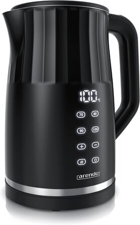 Електричний чайник Arendo з регулюванням температури, нержавіюча сталь, подвійні стінки Cool Touch, дисплей, бездротовий, 2200 Вт, 1,7 л, захист від перегріву, функція підтримання тепла, чорний