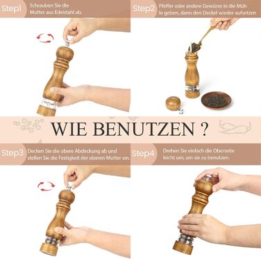 Набір для солі та перцю Jepsen: ручні млини з дерева, наповнювані, з регульованим керамічним ядром, 2 шт.
