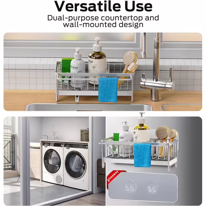 Kitchen Sink Organizer, Sponge Holder for Kitchen Sink with Automatic Draining Basket, Dish Towel Hanger, Stainless Steel 304, Dish Organizer, Soap Dispenser, Storage