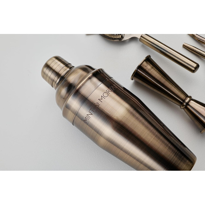 Набір для коктейлів Mint&Mortar 7 шт. з бамбуковим підставкою, з нержавіючої сталі, барменський набір з інструментами для дому та професійного використання, 680 мл, міксер (чорний) з щіткою золота