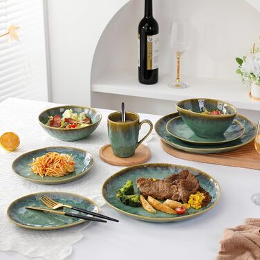 Henten Home 4-Piece Stoneware Plate Set, Green Dessert Plates, Breakfast Plates, Flat Cake Plates, Salad Plates Set for 4 People, Dinner Plate Set