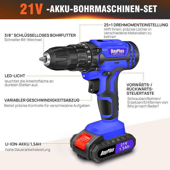 Акумуляторний шуруповерт 21V Set, білий: шуруповерт з акумулятором 1.5Ah, швидка зарядка, 45Nm, 25+1 ступінь, 2 швидкості, LED-ліхтар, набір з 26 аксесуарів для ремонту та DIY (шуруповерт + 2 акумулятори 1.5Ah (блакитні))