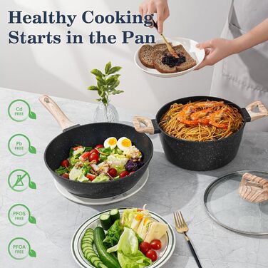 Набір посуду 12 предметів: каструлі, сковороди, пароварка, з антипригарним покриттям, чорний граніт, для індукційних плит, безпечний, здоровий, кухонний набір