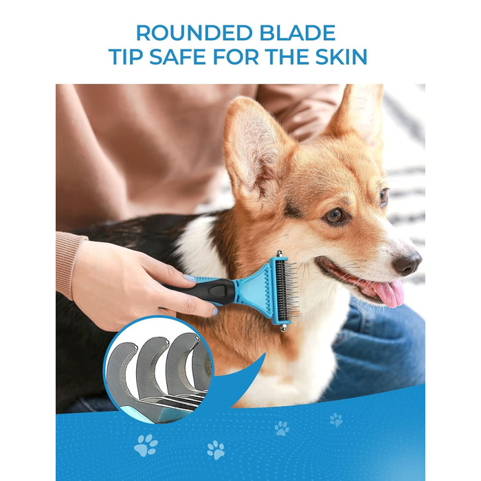 Щітка для собак та котів, гребінець для тварин з нержавіючої сталі 12+23 зубчики, двостороння для видалення шерсті та розплутування вузлів (Large, блакитний)