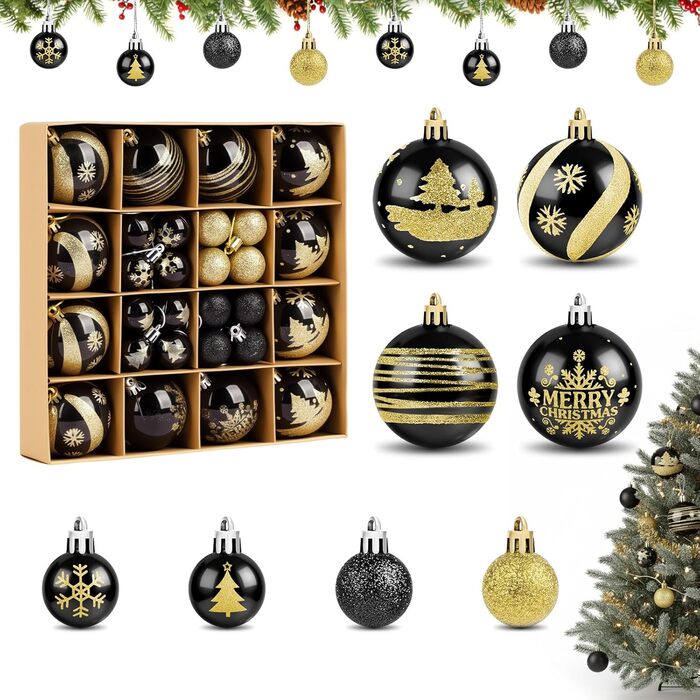 Набір прикрас для ялинки Ilauke, 44 шт. Ялинкові кулі з пластику червоного та білого кольорів, 3 та 6 см. Декорації для ялинки на Різдво, вечірку, дім, весілля. Червоний, білий, чорний, золотий кольори.