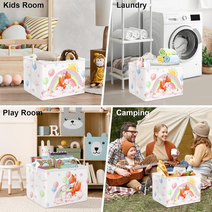 Дитячий кошик Clastyle 36L з ручками, прямокутний, рожевий, для іграшок та одягу, з малюнком лисички та кролика, органайзер для дитячої кімнати та ванної