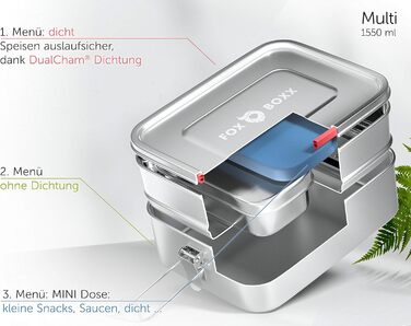 Stainless Steel Lunch Box Premium | Multi 1550ml STACKABLE | 2 Tiers + 1 Divider + 150ml MiniBox & 2 x Lids + 5 DECOR Color Rings | Smart Clips + 2 x Seals | Airtight Lunch Box