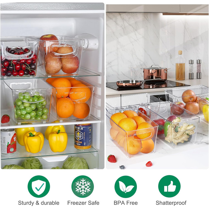 Refrigerator Organizer Drawer Set with Handle, 3-Piece Stackable Kitchen Storage Boxes with Pull-Out Drawer & Lid for Vegetables, Berries, Meat | PET Plastic Food Storage Containers (Clear Medium 8 Pcs)