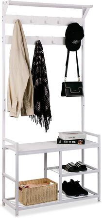 Leader Accessories Coat Rack with Bench Metal Coat Rack Rustic Clothes Rack 182x30x84cm (H x W x D) White