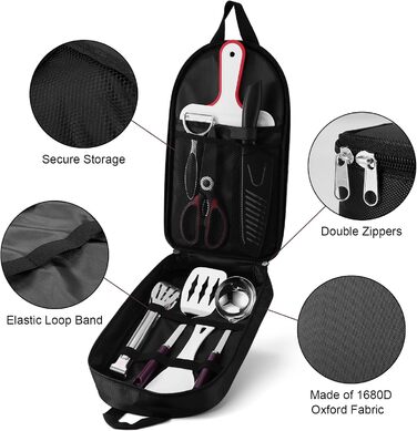 Odoland Kitchen Helper Set, Kitchen Gadget Set, Outdoor Cookware Set with Santoku Knife, Kitchen Scissors, Spatula, Tongs, Ladle, Cutting Boards - Ideal for Picnics, Travel, Hiking, and Gardening