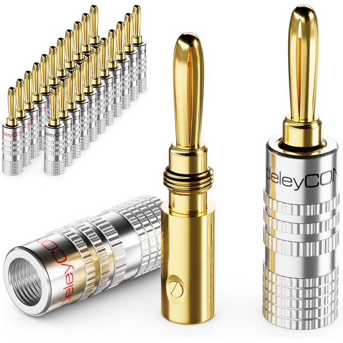 Набір бананових конекторів deleyCON 24 шт. - позолочені, гвинтові, для акустичних кабелів 0,75-4,5 мм, Hi-Fi ресивери, срібні
