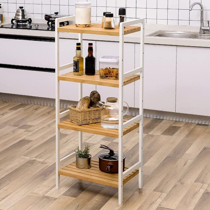 SONGMICS Bamboo Shelf, Kitchen Shelf, Bathroom Shelf, Bookshelf, Freestanding Shelf with 4 Shelves, 45 x 31.5 x 111 cm, for Bathroom, Kitchen, Living Room, Bedroom, Balcony, Natural White BCB74WN