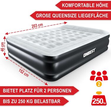 Надувне ліжко самонадувне для 2 осіб - 203 x 152 x 46 см - з електричним насосом - надувне ліжко для гостей, надувається за 3-5 хвилин - вбудована подушка (Чорний)