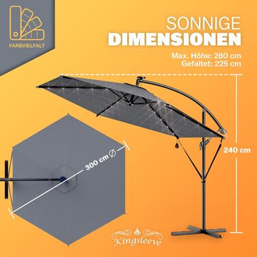 Kingsleeve® Canopy Umbrella LED Lighting UV Protection 80+ Solar Stand Protective Cover 300cm Large Crank Balcony Terrace Garden Umbrella Parasol Anthracite