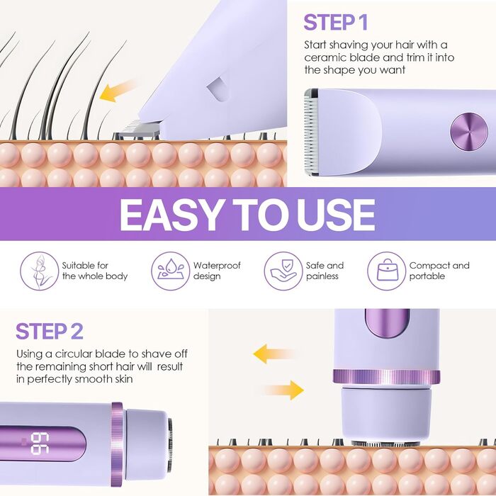 Триммер для бікіні RoserRose 2-в-1 для жінок з LED дисплеєм, водонепроникний (IPX7), Type-C зарядка, набір для догляду за інтимною зоною (фіолетовий)
