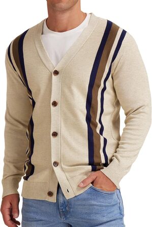 Чоловіча в'язана кофта NITAGUT з вінтажним смугастим дизайном, довгі рукави, V-подібний виріз, ґудзики (L, Смугаста, Бежево-коричнева)