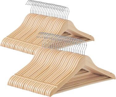 SONGMICS Wooden Clothes Hangers, 48-Piece Set, Wooden Hangers, Shoulder Indentations, Trouser Bar, Trouser Hanger, 360° Swivel Hook, for Jackets, Shirts, Coats, natural beige CRW010N48