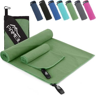 Набір рушників Pameil з мікрофібри (2 шт.): великий (160x80 см) та маленький (80x40 см), компактні та швидковисихаючі, для спорту, подорожей, пляжу (армійний зелений)
