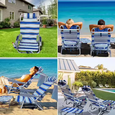 WKFAMOUT Folding Beach Chair with Folding Table, 5 Position Backpack Chair for the Beach, High-Back Camping Chair with Cooler Bag, Adjustable Backrest and Carrier, White, 1 Piece