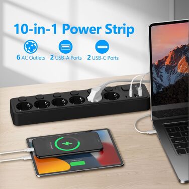 Многорозеткова смуга JSVER 5-портова з індивідуальним вимикачем, 2 USB-A та 2 USB-C (17W), розширювач на 2м для смартфонів, ноутбуків - білий (чорний 6-портова)