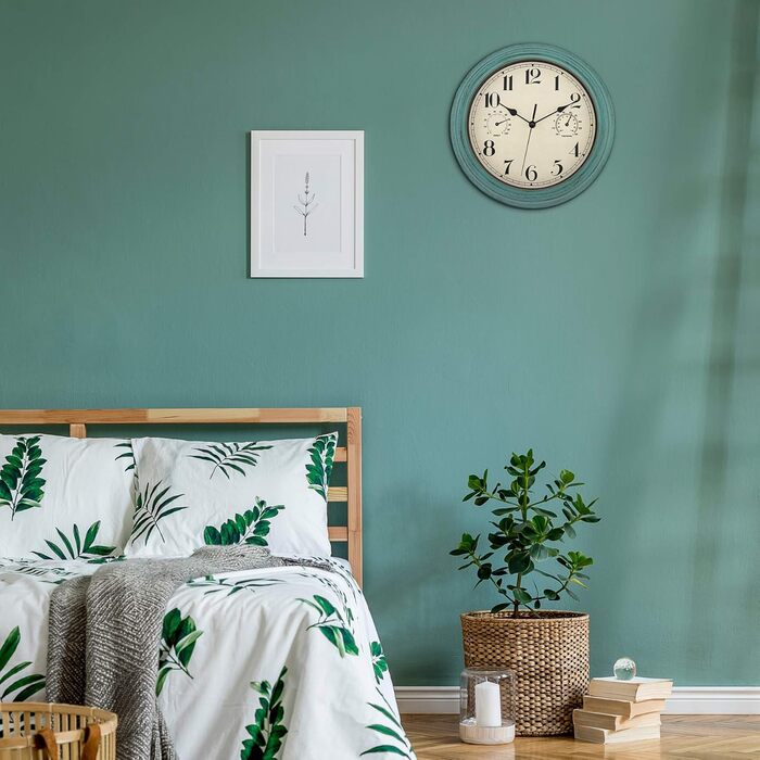 Foxtop Funk Wall Clock, Indoor Outdoor Weatherproof Wall Clock with Temperature Display and Hygrometer, No Ticking Sound Silent Retro Clock for Terrace Bathroom Kitchen Living Room Home Decor (Bronze, 30cm) (Green)