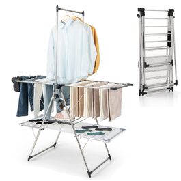 Сушарка для білизни COSTWAY розкладна, з висувними секціями, регульована по висоті з крилами та полицею для взуття, сушильний стійка-вежа для дому та вулиці (оновлена версія) з сітчастою тканиною