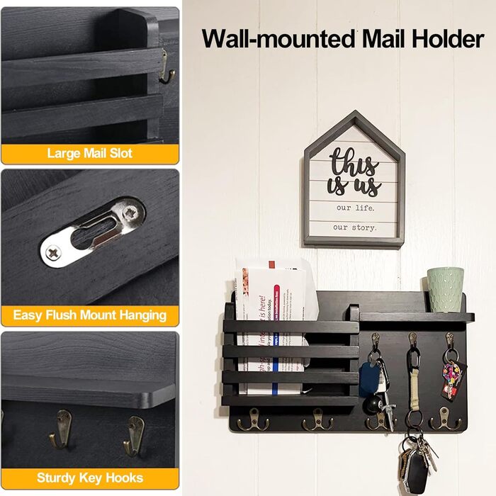 Настінна вішалка для ключів з дерев'яною поштою та полицею, ключниця на стіну, дерев'яне ключове тримач, 4 гачки, рустикальний декор для входу, передпокою, офісу, чорний