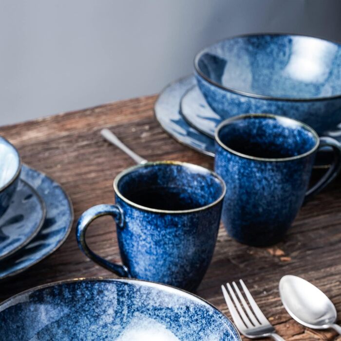 Vicrays Coffee Mugs Porcelain 4-Piece Set, 350 ml Mug with Handle for Hot Drinks, Porcelain Cup Suitable for Dishwasher & Microwave (Blue)