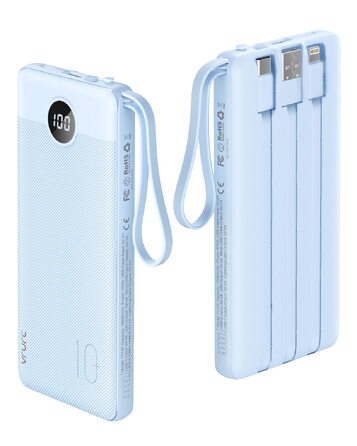 Повербанк VRURC 10000 mAh з 4 вбудованими кабелями, тонкий портативний зовнішній акумулятор, світло-блакитний