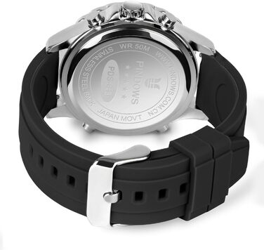 Годинник PINDOWS для чоловіків: водонепроникні спортивні годинники (аналогові/цифрові), багатофункціональні, міцні, з LED-підсвічуванням, будильником, секундоміром (чорний/сріблястий)