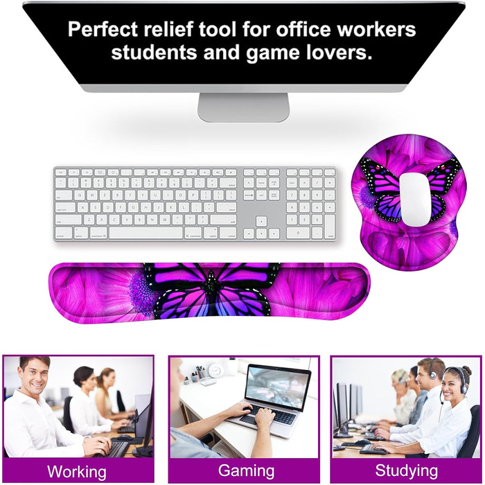 Підкладка під мишу та клавіатуру ergonomic ARTSO з підтримкою зап'ястя, Memory Foam, фіолетовий метелик