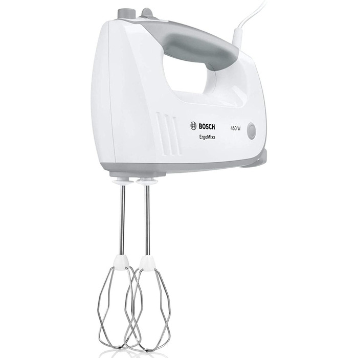 Bosch Hand Mixer MFQ36460, Hand Mixer, Mixing Bowl Plus Stand, 2 Beaters, 2 Stainless Steel Dough Hooks, 450 W, White