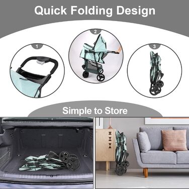 Дитяча коляска для тварин, складна, для котів/собак, з кошиком для зберігання та тримачем для напоїв, 3 колеса, для собак та котів, для маленьких або середніх собак, котів, цуценят (Блакитно-зелений)