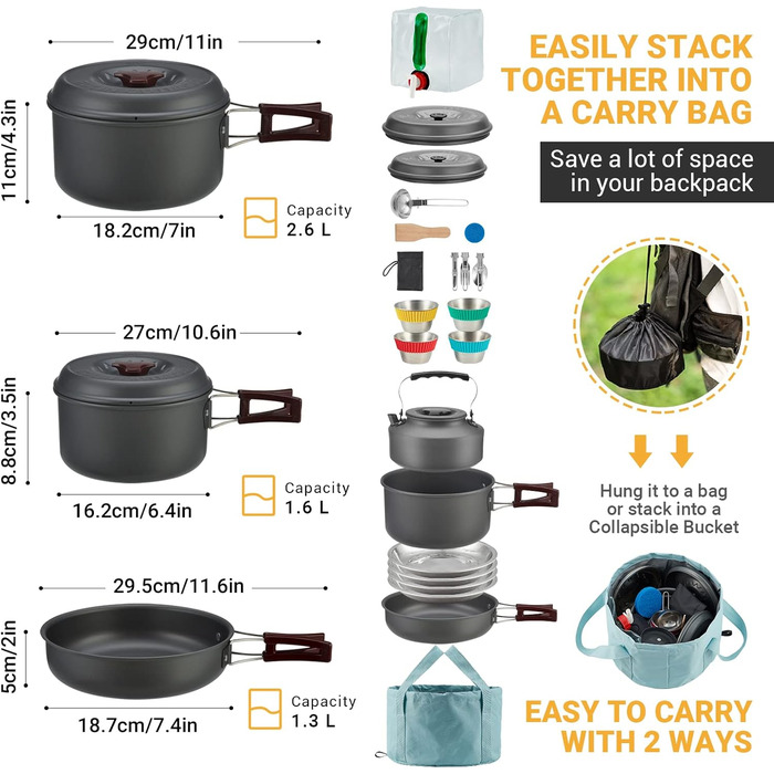 Набір кухонного посуду Bulin для кемпінгу та пікніків (24/13/11/8/4 шт.) – посуд для походів, пікніків та відпочинку на природі