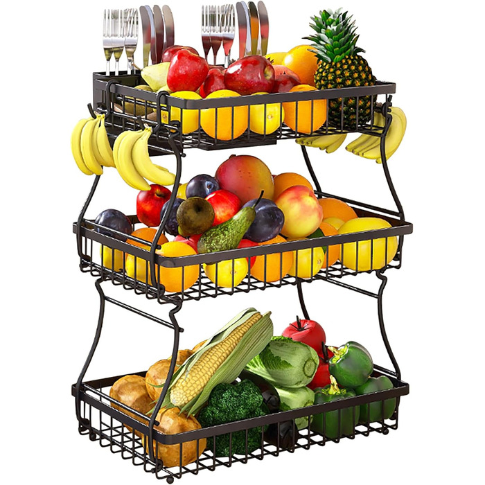 Настінна полиця для фруктів та овочів з кріпленнями, 3 яруси, чорна | Настінне зберігання для кухні