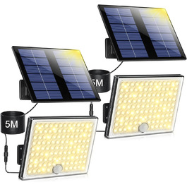 Outdoor Solar Lights, Solar Lamp with Motion Sensor, 113 LED Solar Spotlights IP65 Waterproof Solar Split Wall Light with 5m Cable for Garage, Garden, Yard, Steps, Doorways, Lawn - 2 Pack (Warm White, 2 Pieces)