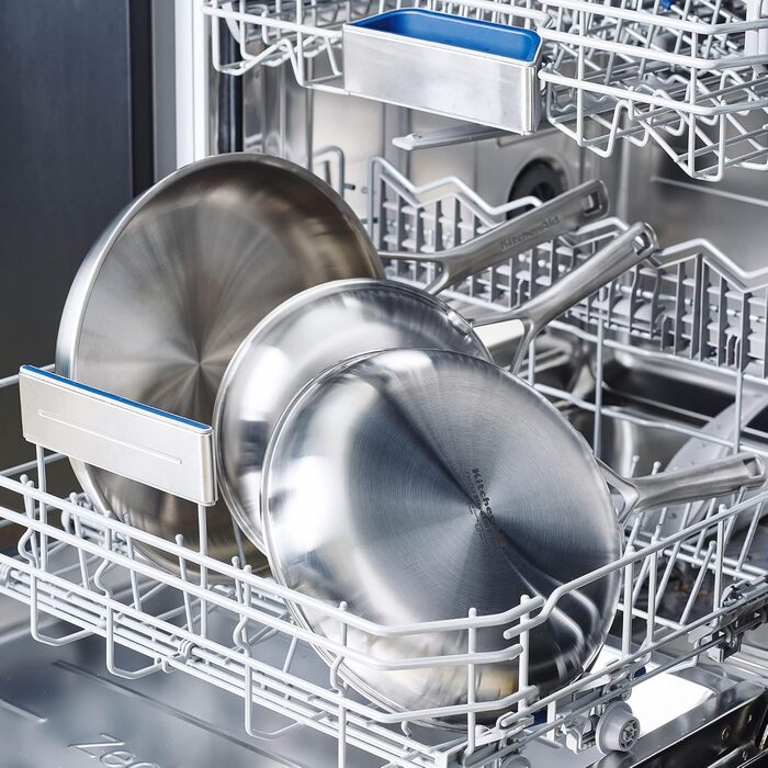 Набір сковорідок KitchenAid MultiPly з нержавіючої сталі з керованою антипригарним покриттям, 2 шт (20 см та 28 см), тришарова, для індукційних плит, термостійкі до 220°C, придатні для миття в посудомийній машині, срібного кольору