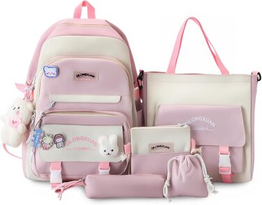 Набір шкільних рюкзаків IvyH 5-ти частинний: рюкзак для дівчинки, сумка для школи, підліткові рюкзаки, рюкзак для дівчаток 3-7 класів, набір шкільних сумок з пеналом та нагрудником, 45 см, рожевий 8583#