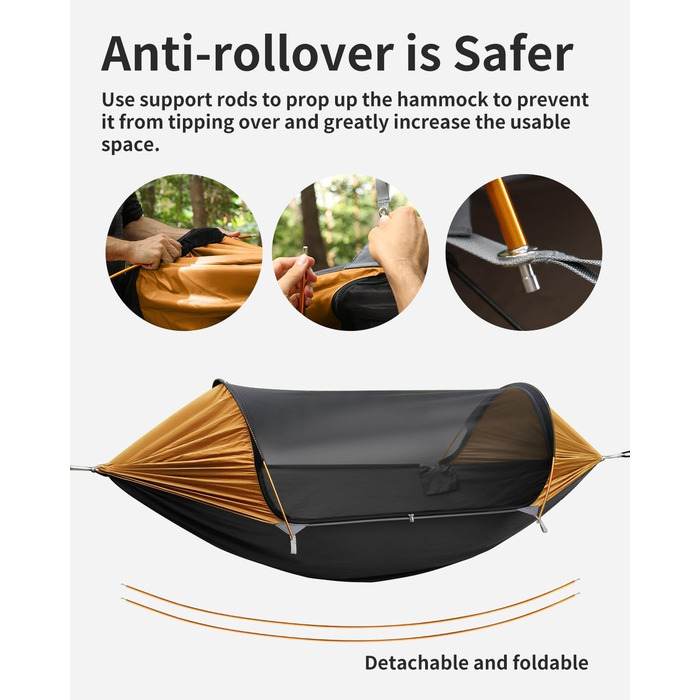 Гамак для кемпінгу 4-в-1 з москітною сіткою та знімним сонцезахистом, 290x140 см, для відпочинку на природі, пікніків, походов та подорожей. Армійний зелений та помаранчевий кольори.