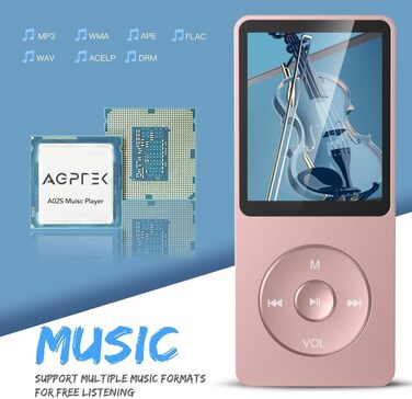 MP3 плеєр AGPTEK A02 8GB Rosegold - 70 годин відтворення, 1.8