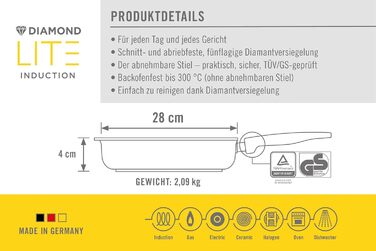 Сковорода-гриль Woll Diamond Lite 28x28 см, квадратна, з рифленою поверхнею, індукційна, знімна ручка, алюмінієвий литий корпус, антипригарне покриття, для всіх плит, підходить для духовки