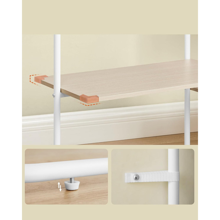 SONGMICS Стійка для одягу з відкритими полицями, 6 поличок, 2 перекладини, гачки, для спальні, приглушено-бежевий + матовий білий, RGR012K01