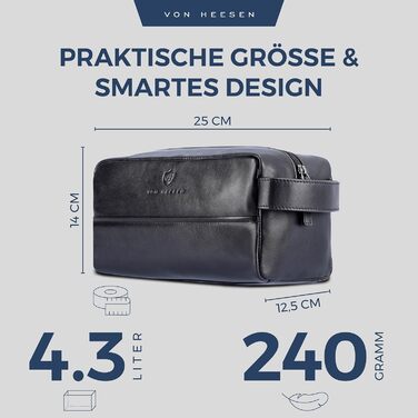 Чоловіча/Жіноча дорожня косметичка VON HEESEN з натуральної шкіри - велика, чорна, з одним відділенням