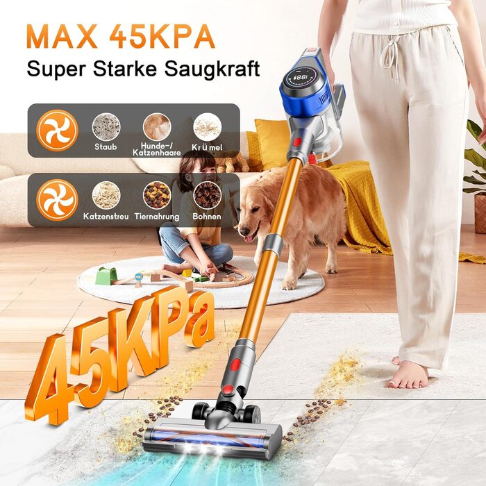 Бездротовий акумуляторний пилосос 45000 Па / 45 хв - 1,6 л з LED-дисплеєм, антизаплутувальною насадкою, тихий (<60 дБ), HEPA-фільтр, для видалення шерсті тварин, килимів, твердих поверхонь, авто, блакитний